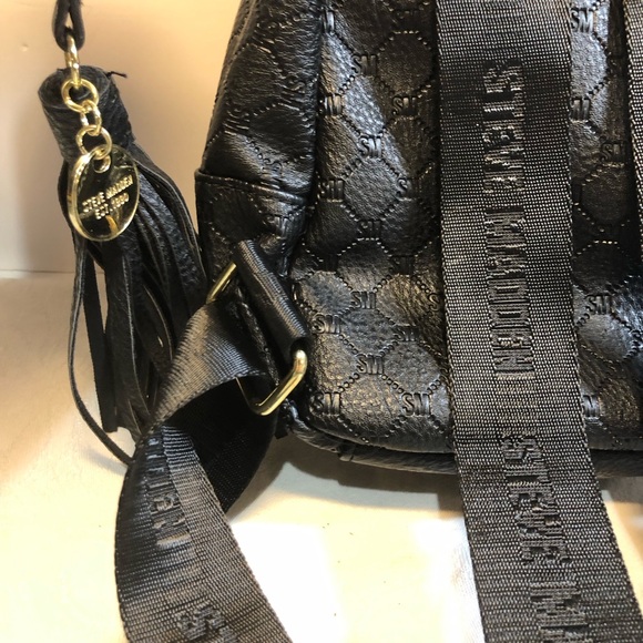 Steve Madden Backpack Purse Bag Black Gold Logo BBlogo Print seatbelt straps - Picture 7 of 15